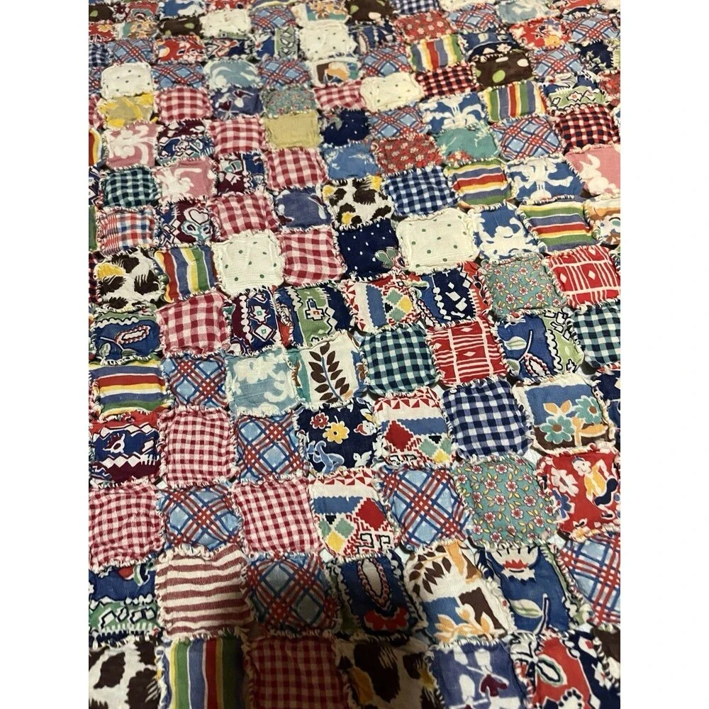 Vintage Yo Yo Yoyo Quilt 80x90 Feedsack Fabrics Handmade 1930’s Cottage Core